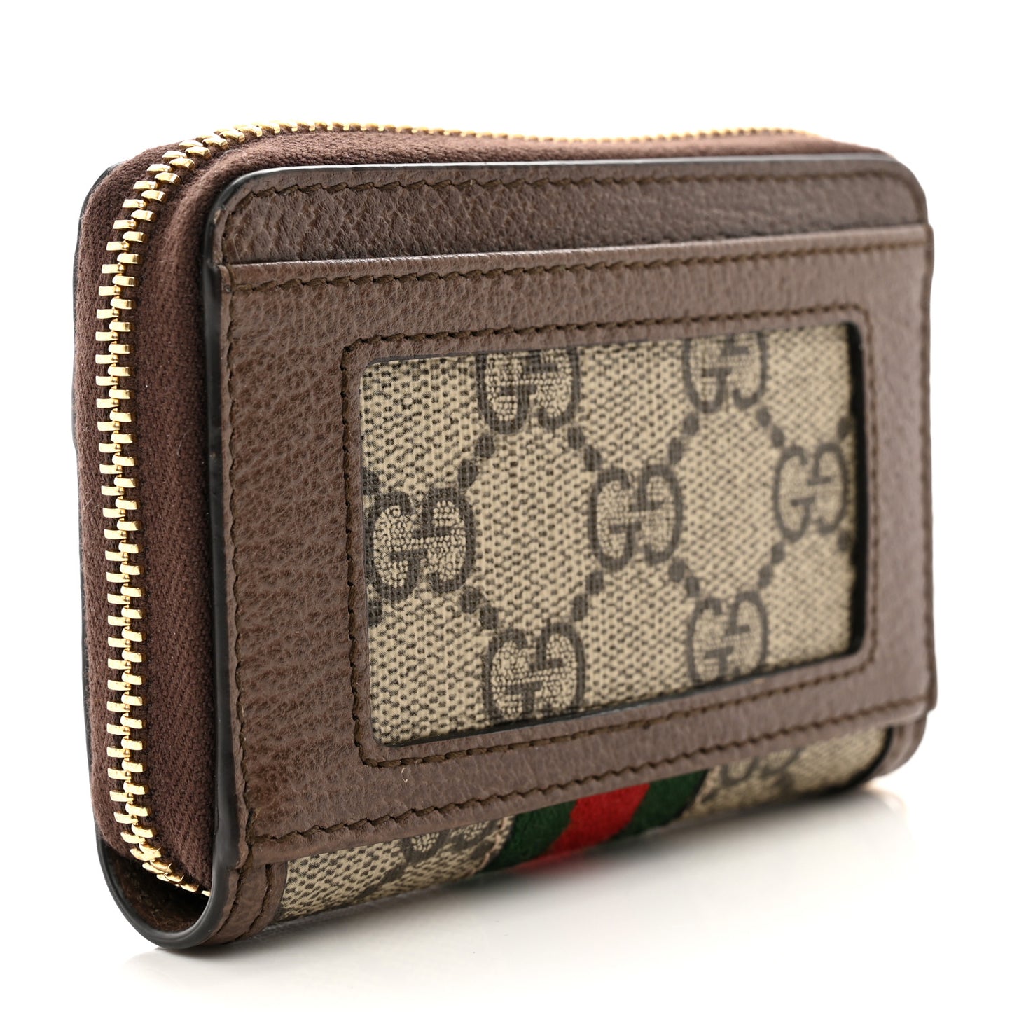 GG Supreme Monogram Textured Dollar Calfskin Web Ophidia Zip Around Card Case Wallet Beige Ebony New Acero