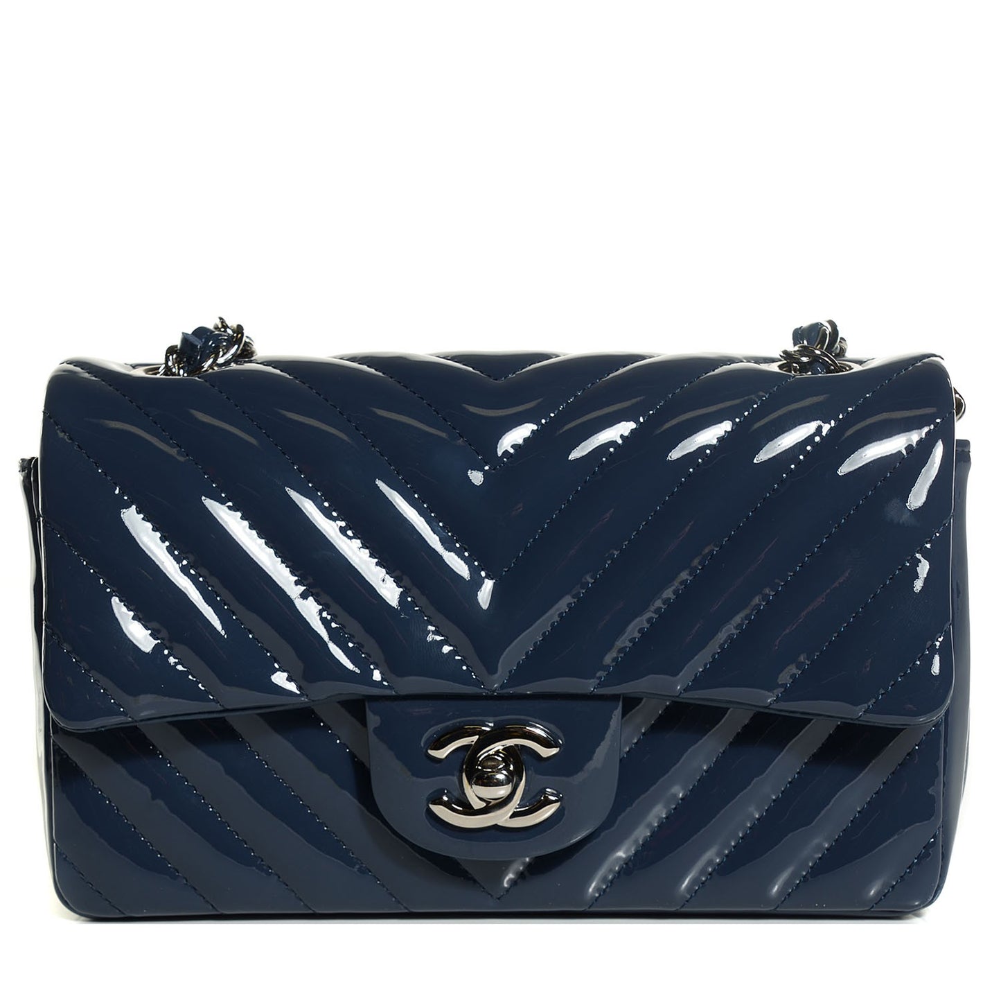 Patent Chevron Quilted Mini Rectangular Flap Navy Blue