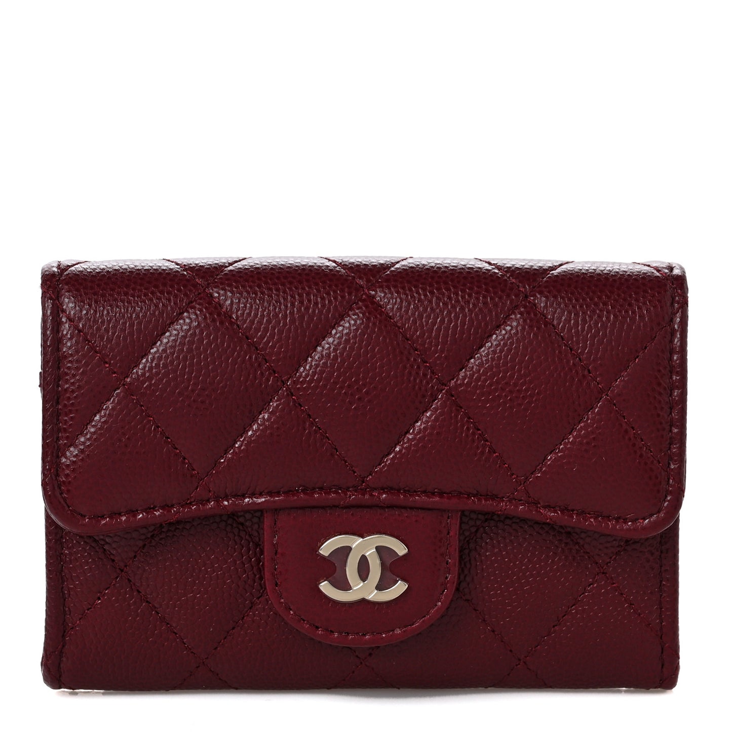 Caviar Quilted Flap Card Holder Wallet Burgundy