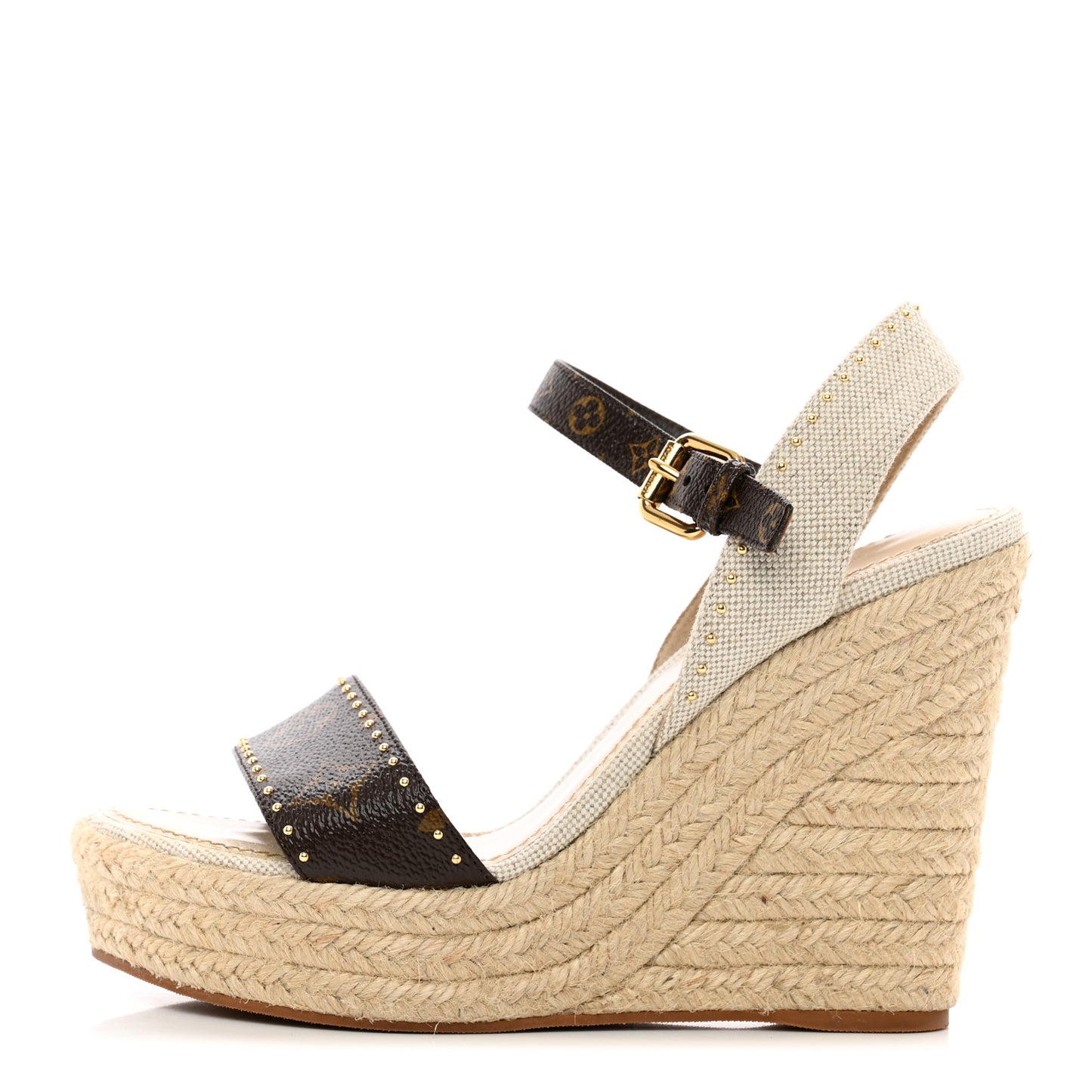 Canvas Patent Monogram Coastline Wedge Sandals 37 Beige