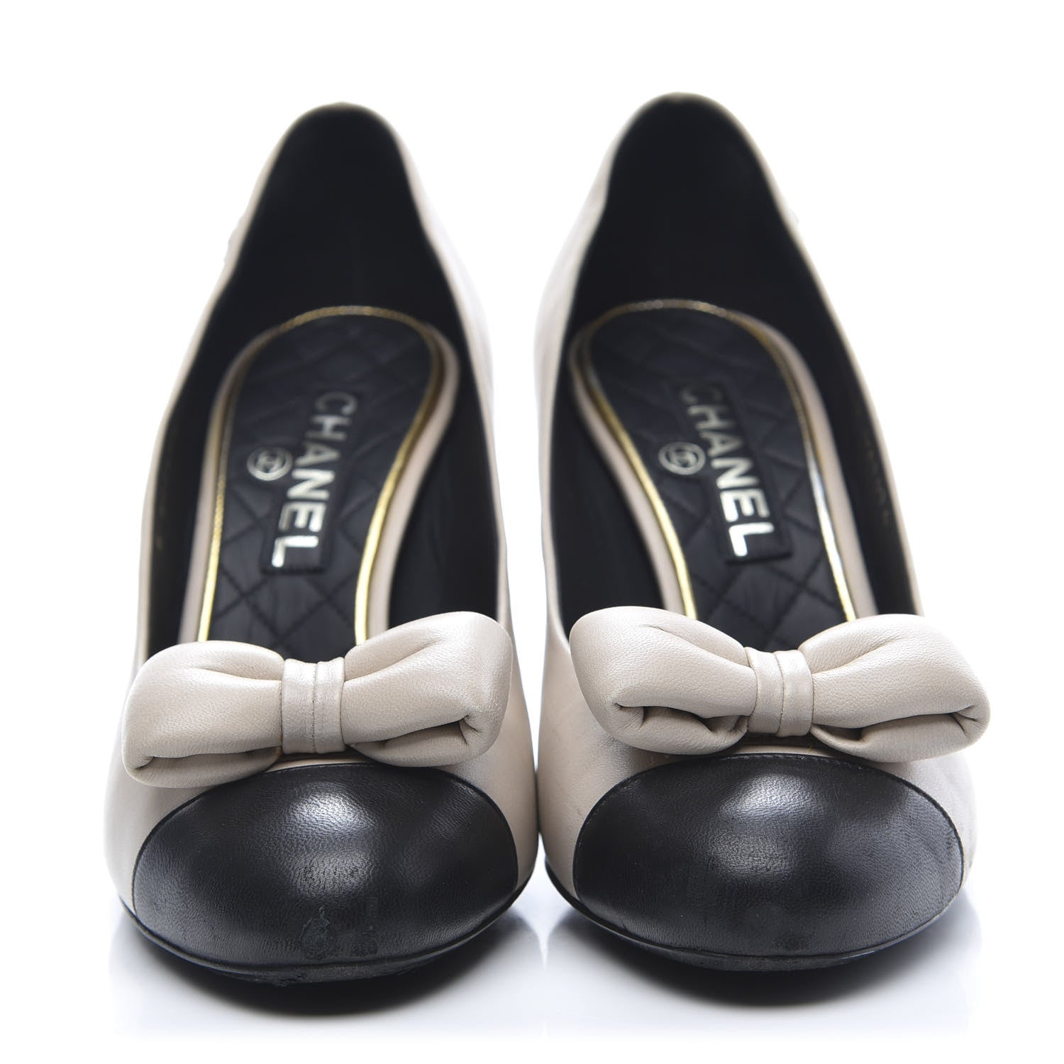 Chanel Lambskin Cap Toe Bow Pumps 35.5Beige Black 2 of 10