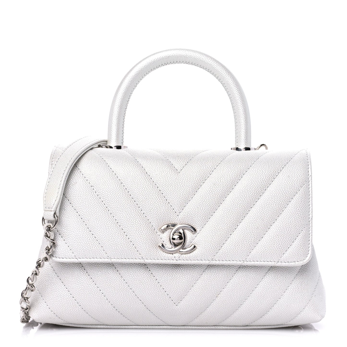 Iridescent Caviar Chevron Quilted Mini Coco Handle Flap White