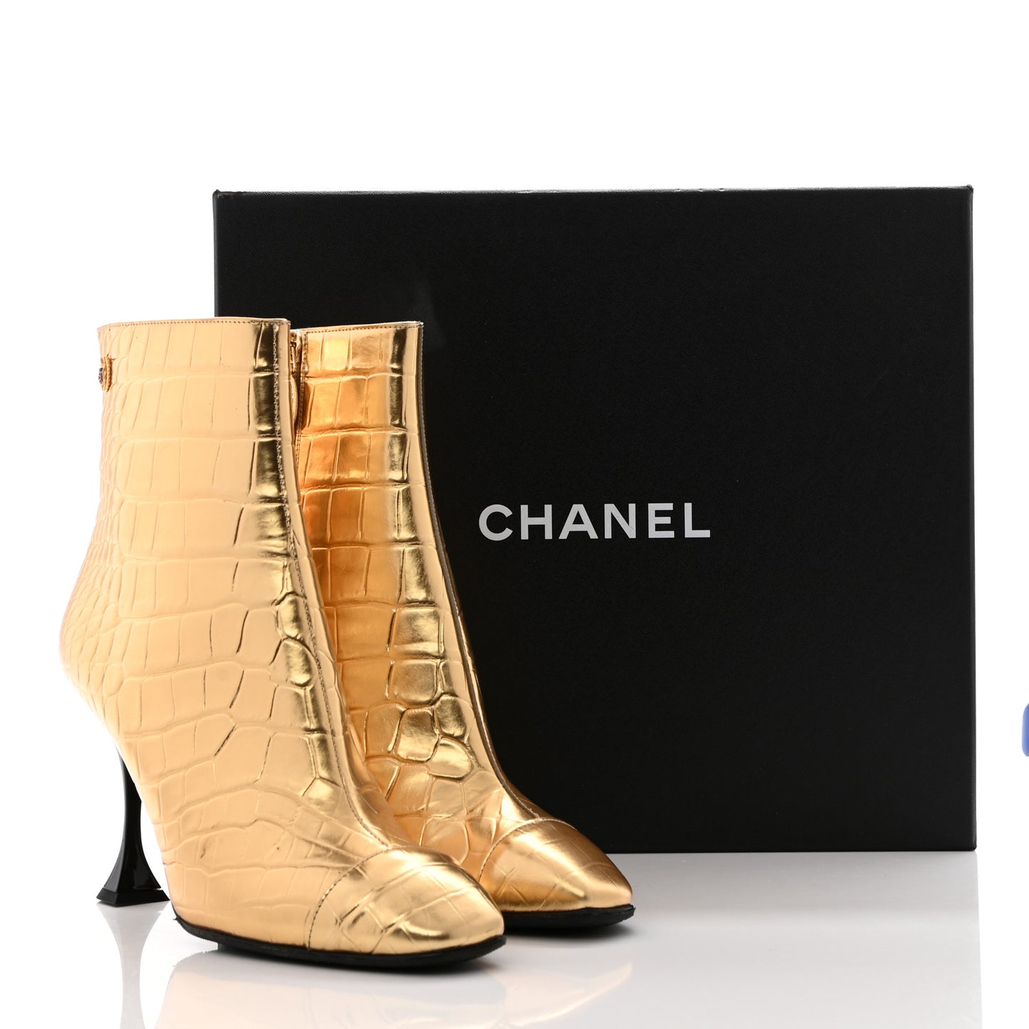 Calfskin Crocodile Embossed Cap Toe Ankle Boots 39 Gold