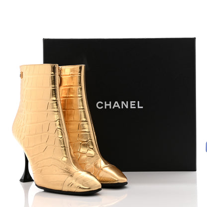 Chanel Calfskin Crocodile Embossed Cap Toe Ankle Boots 39 Gold 13 of 13