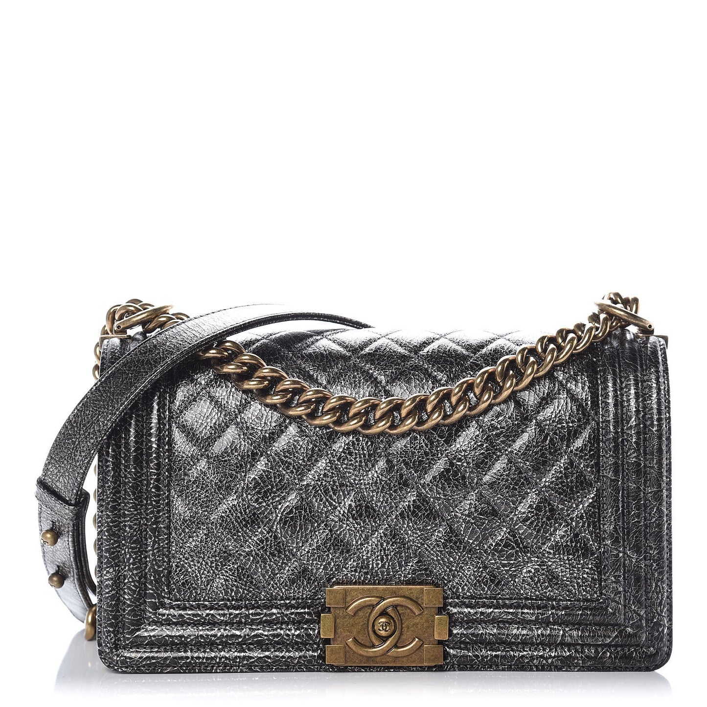 Cracked Metallic Calfskin Quilted Medium Boy Flap Dark Silver