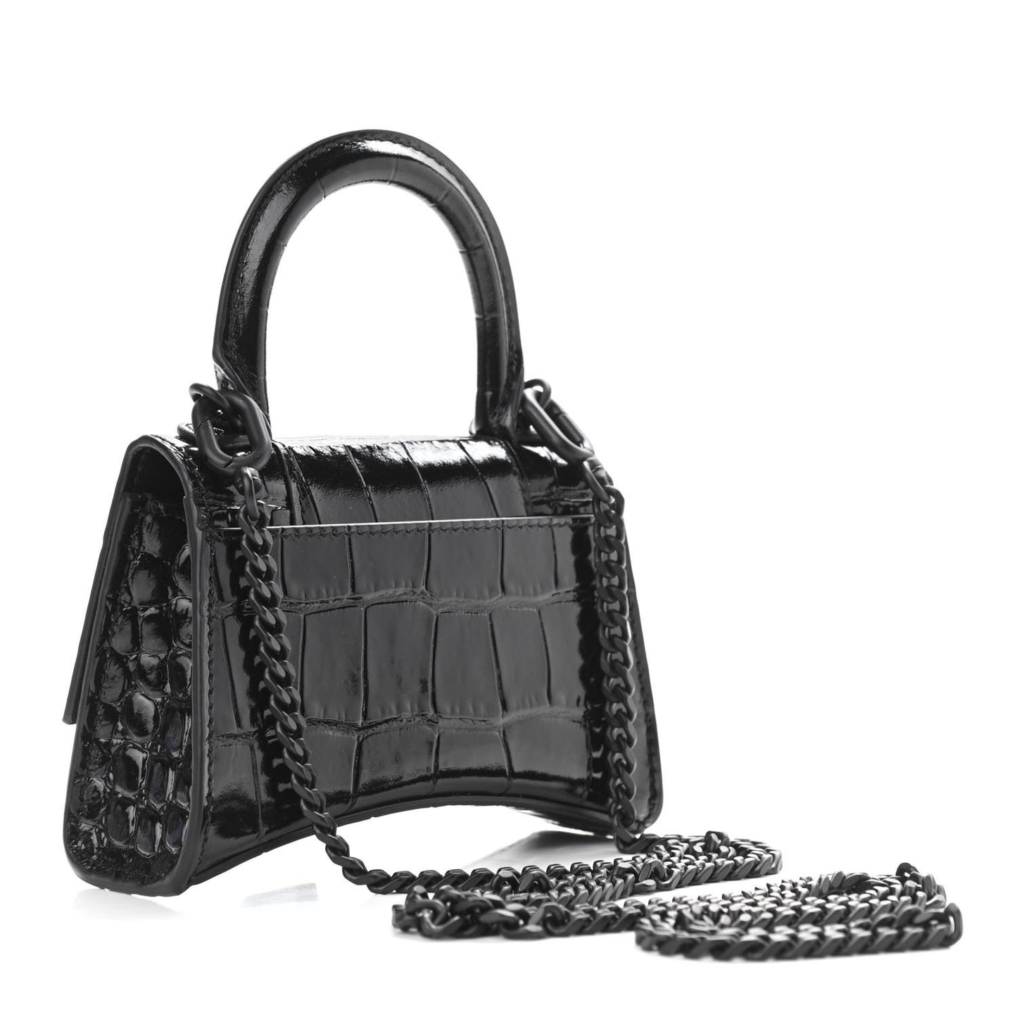 Shiny Calfskin Monochrome Crocodile Embossed Hourglass Top Handle Bag Mini with Chain Black