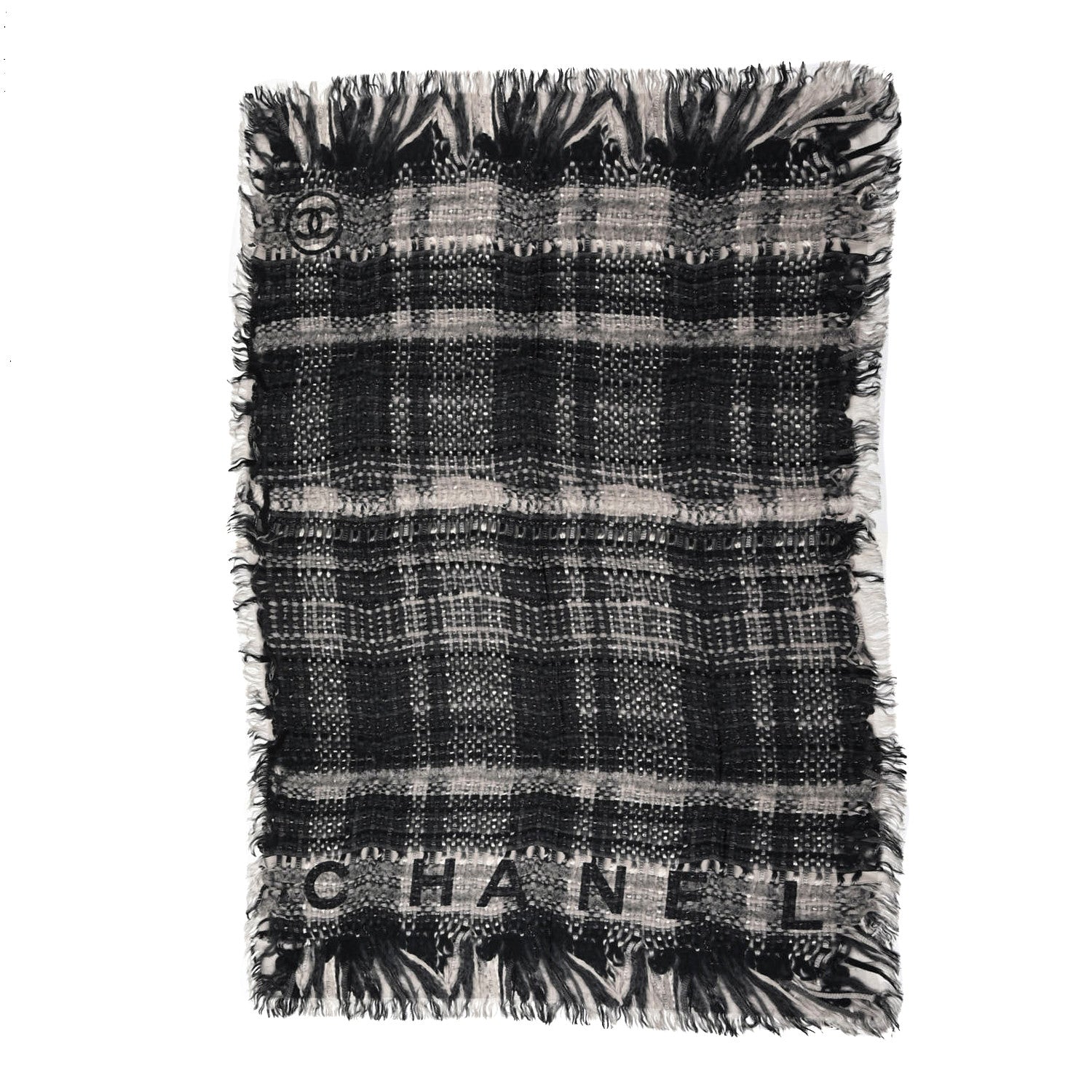 Chanel Cashmere Silk Plaid CC Scarf Grey White 1 of 6