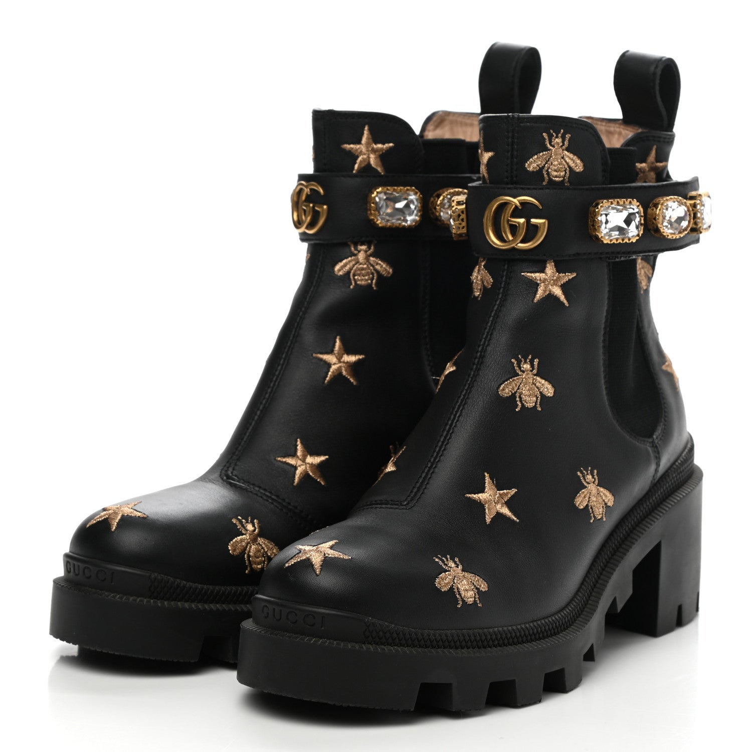 Gucci Calfskin Bee Star Embroidered Belt Ankle Boots 35 Black 3 of 8