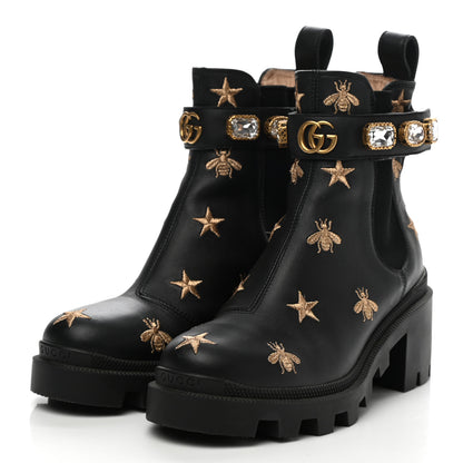 Gucci Calfskin Bee Star Embroidered Belt Ankle Boots 35 Black 3 of 8