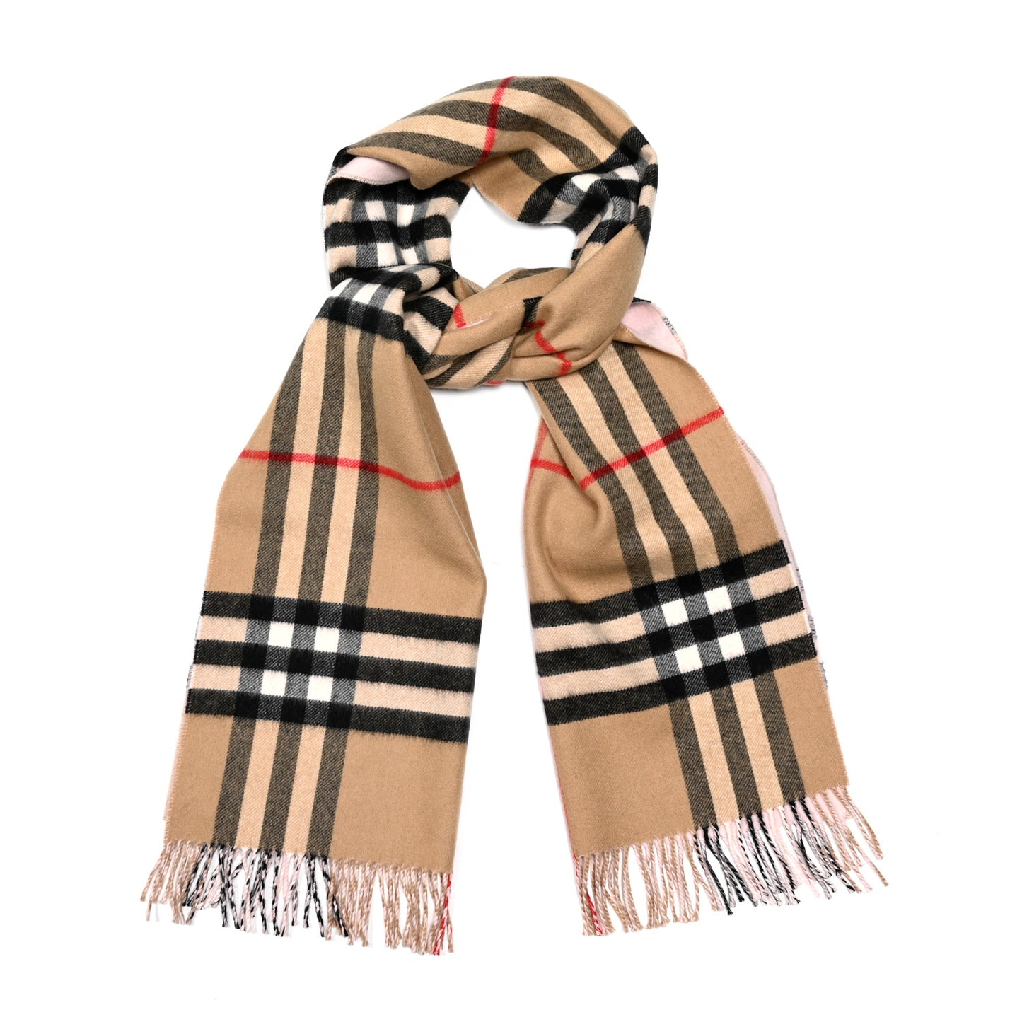 Cashmere Giant Check Fringe Scarf Camel Ash Rose