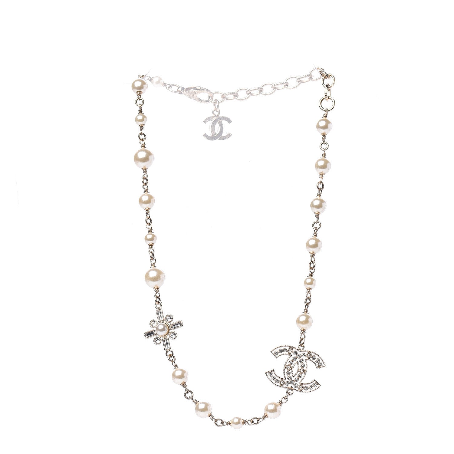 Chanel Crystal Baguette Pearl CC Cross Short Necklace Gold 2 of 4