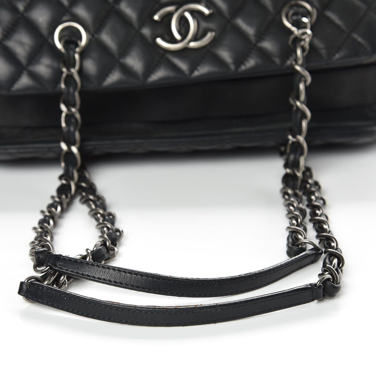 Iridescent Calfskin Chic Quilt Bowling Bag Black