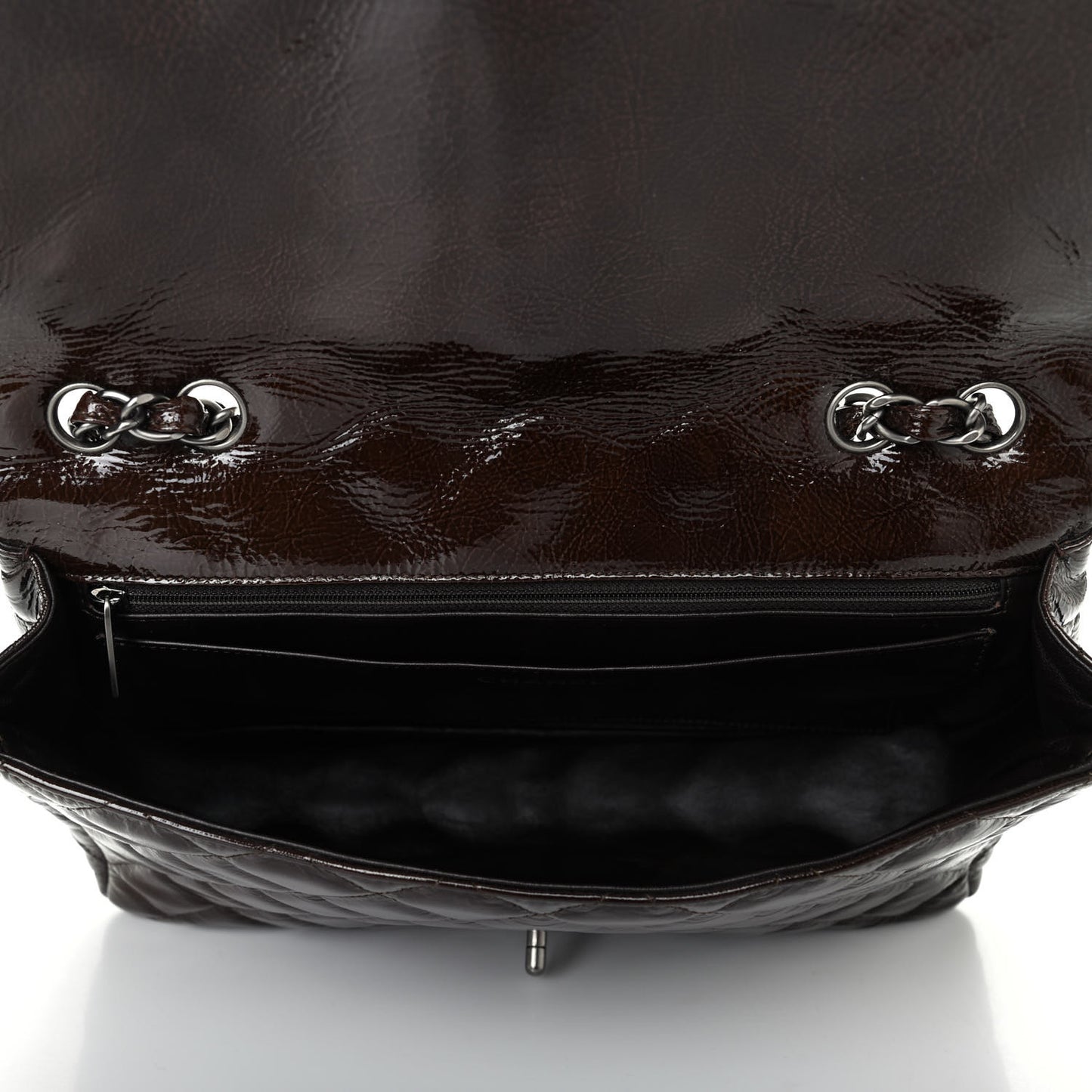 Crinkled Patent Quilted Jumbo Single Flap Dark Brown
