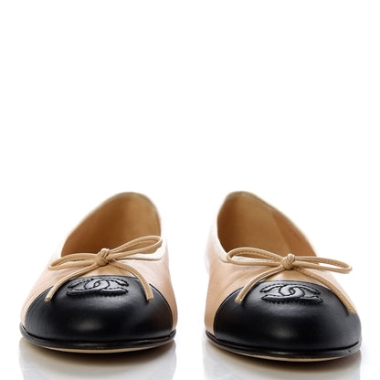 Chanel Lambskin Cap Toe CC Ballerina Flats 39.5 Beige Black 2 of 10