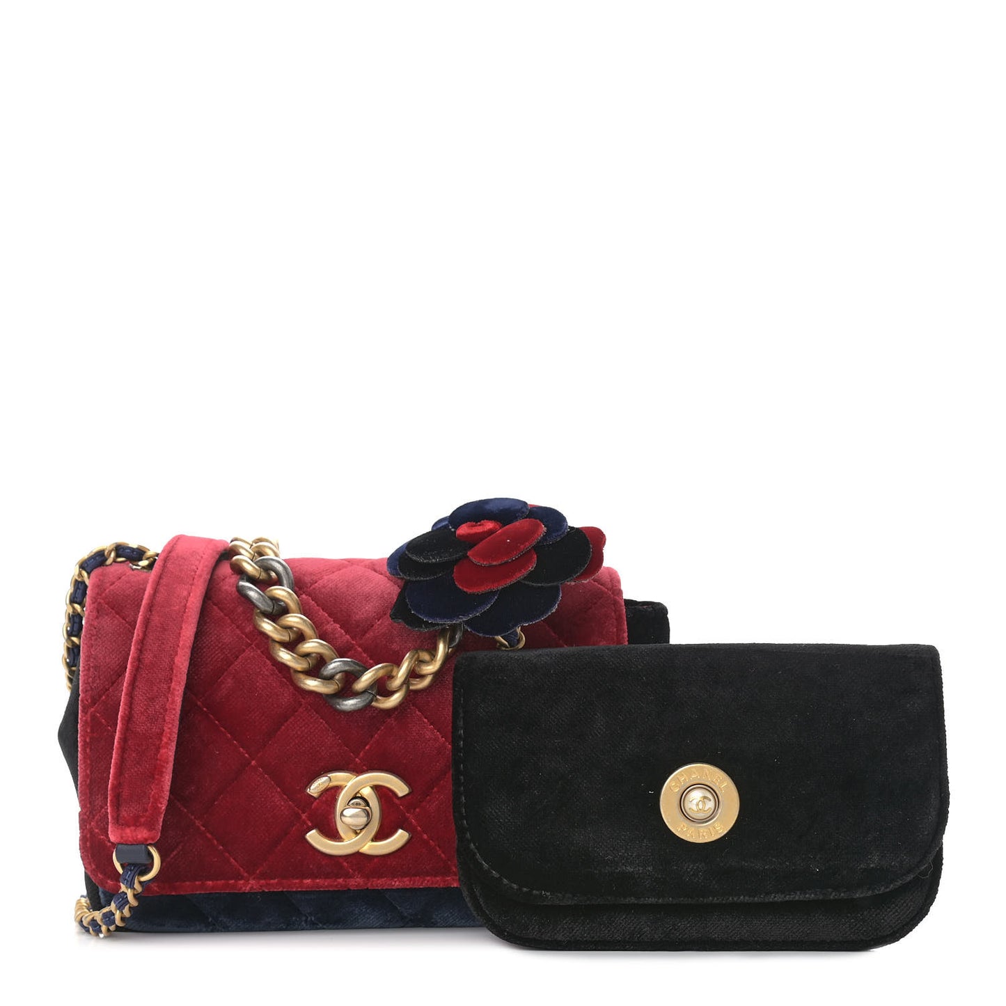 Velvet Quilted Small Camellia Flap Black Red Blue