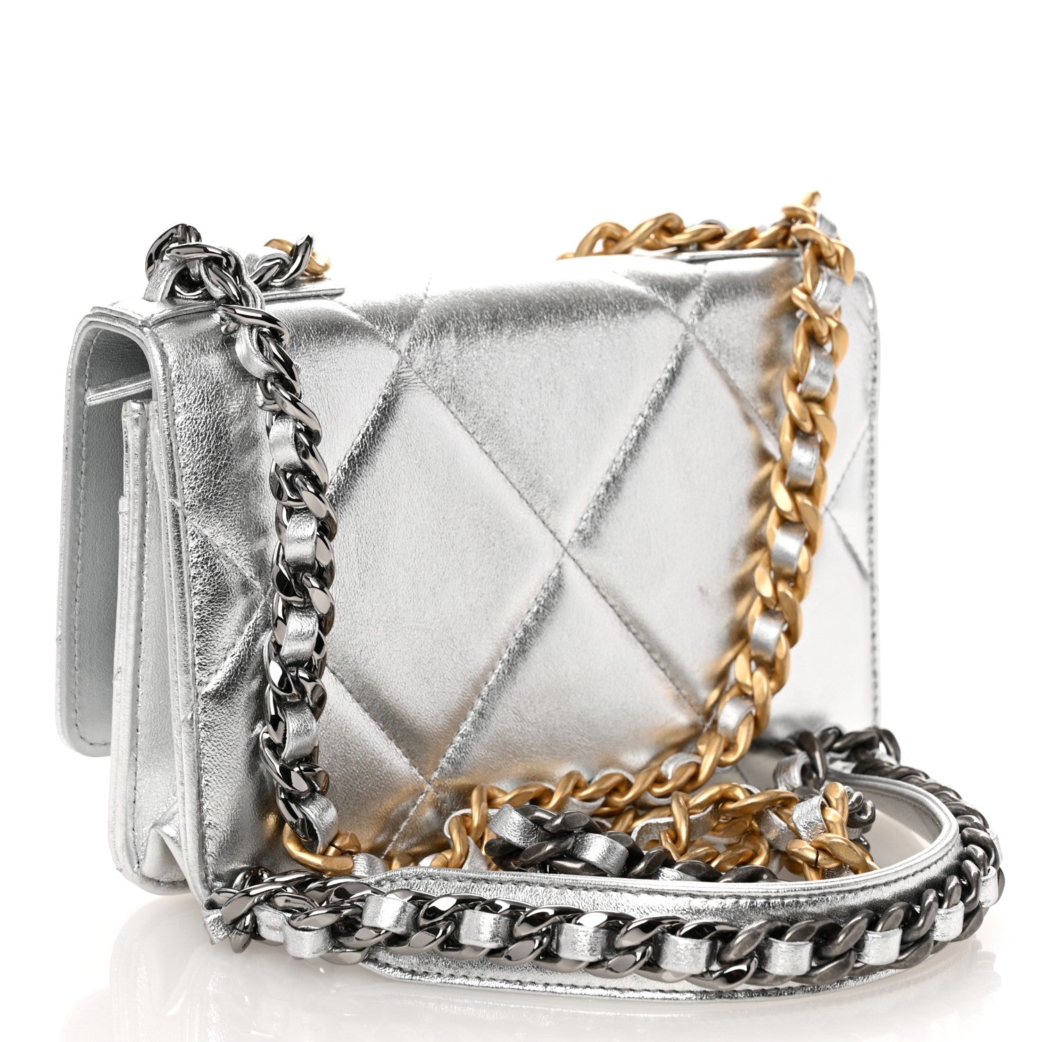 Chanel Metallic Lambskin Quilted Chanel 19 Wallet On Chain WOC Silver 3 of 11