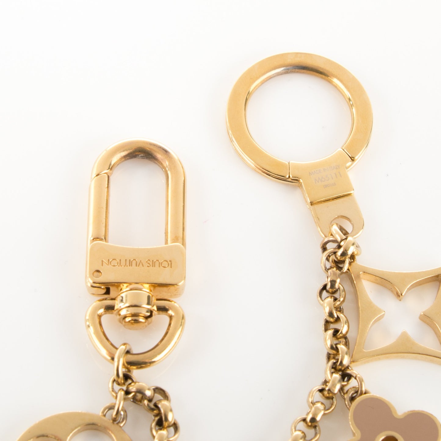 Brass Enamel Fleur De Monogram Bag Charm Chain Gold