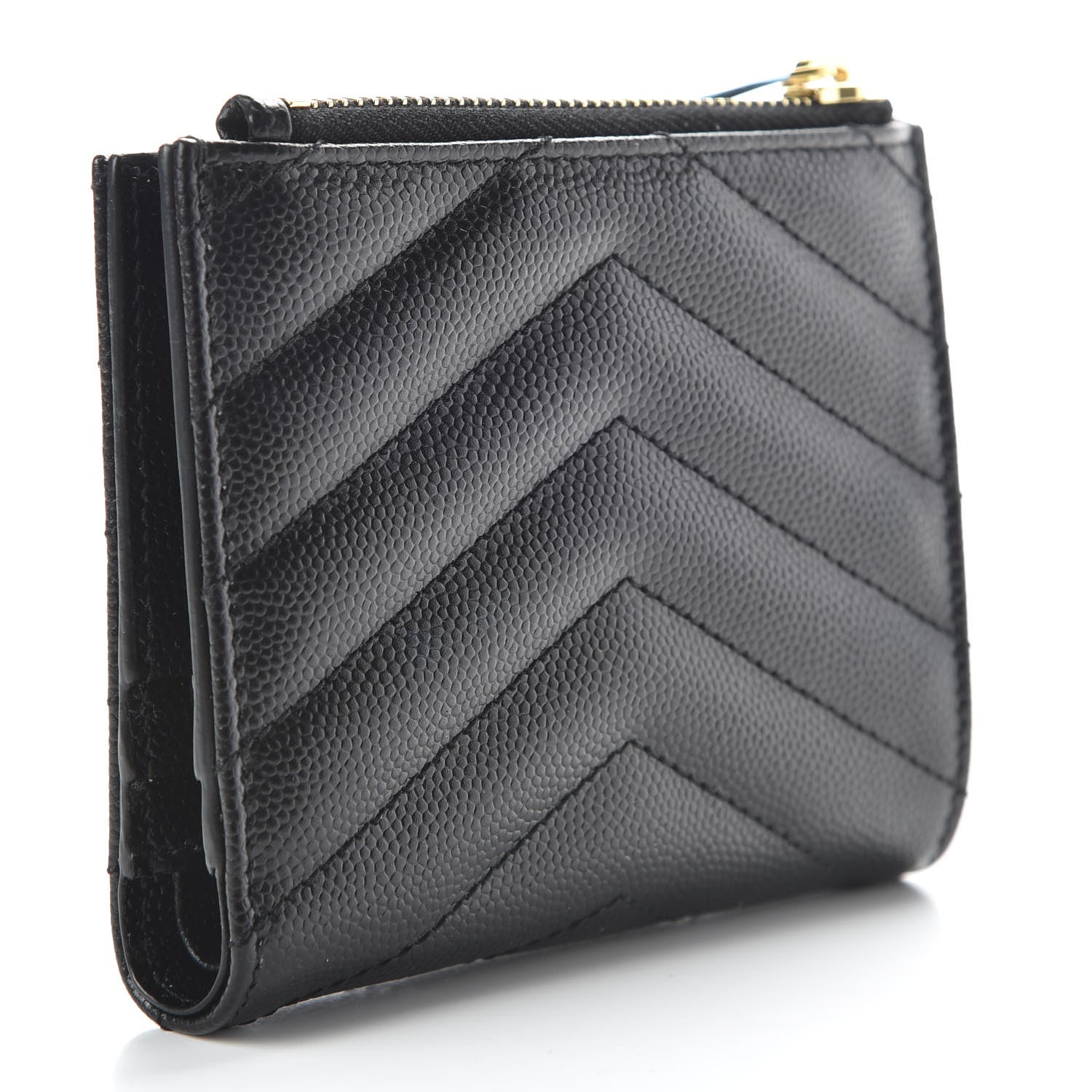 Saint Laurent Grain De Poudre Matelasse Chevron Monogram Zipped Card Case Black 3 of 7
