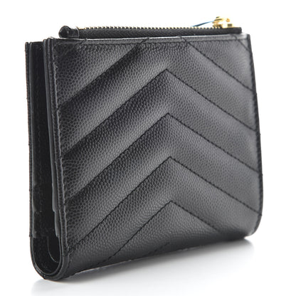 Saint Laurent Grain De Poudre Matelasse Chevron Monogram Zipped Card Case Black 3 of 7