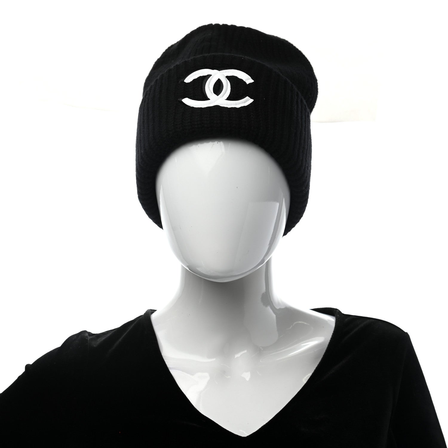 Chanel Cashmere Blend CC Beanie Hat Black White 2 of 6