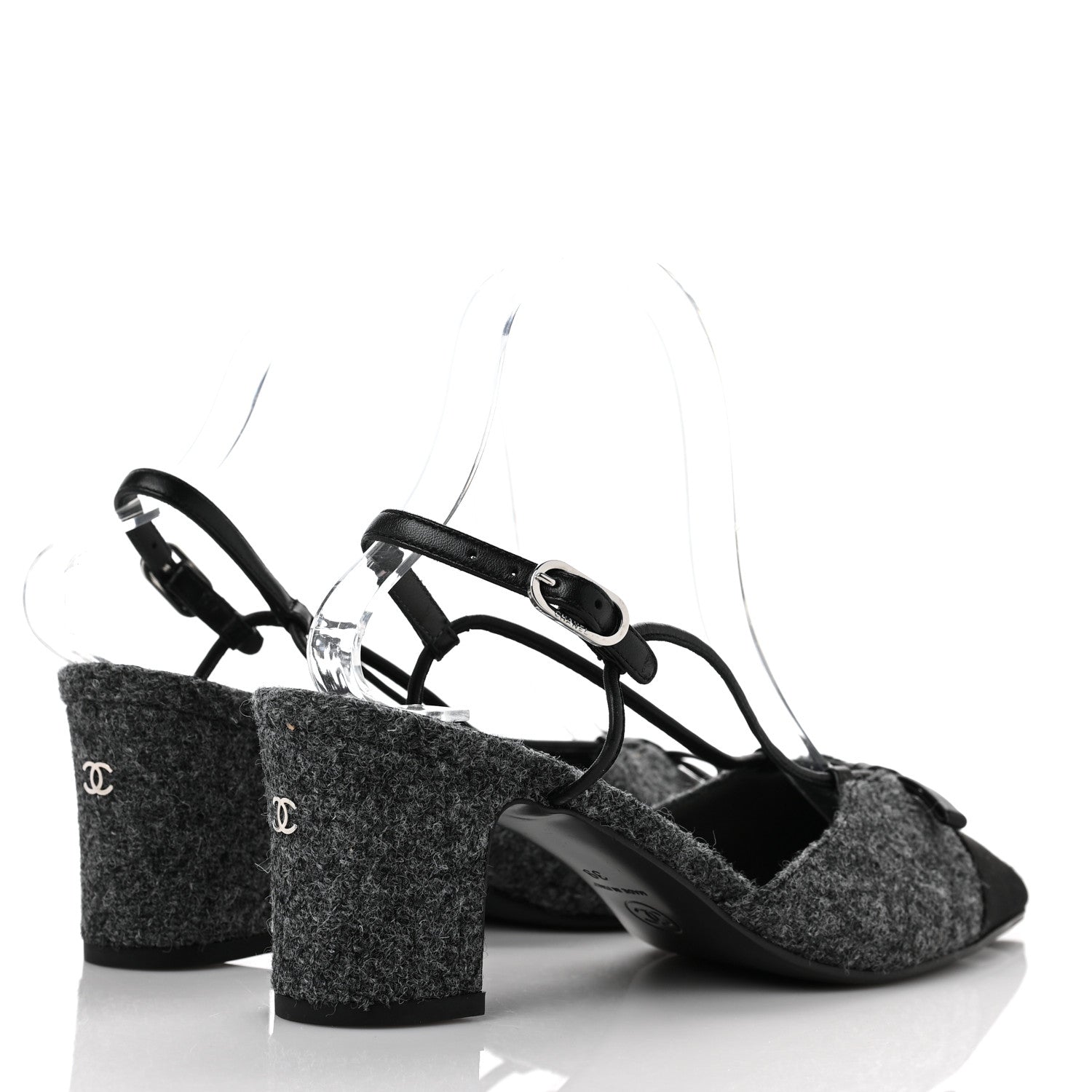 Chanel Tweed Satin Slingback Cap Toe Bow Pumps 39 Grey Black 4 of 9