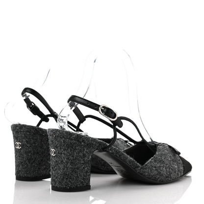 Chanel Tweed Satin Slingback Cap Toe Bow Pumps 39 Grey Black 4 of 9