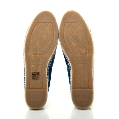 Chanel Velvet Grosgrain Quilted Camellia CC Espadrilles 38 Navy Black 5 of 10