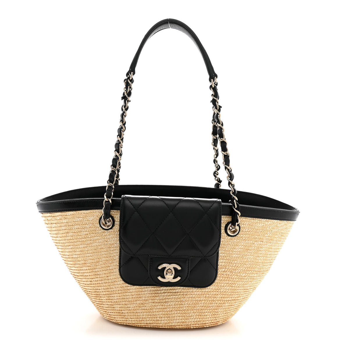 Raffia Braided Lambskin Small Shopping Tote Beige Black