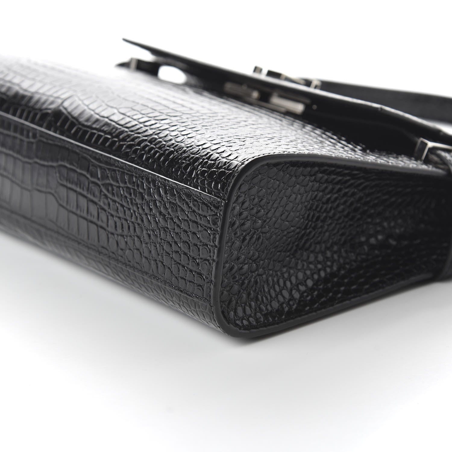 Saint Laurent Shiny Calfskin Crocodile Embossed Manhattan Baguette Black 9 of 9