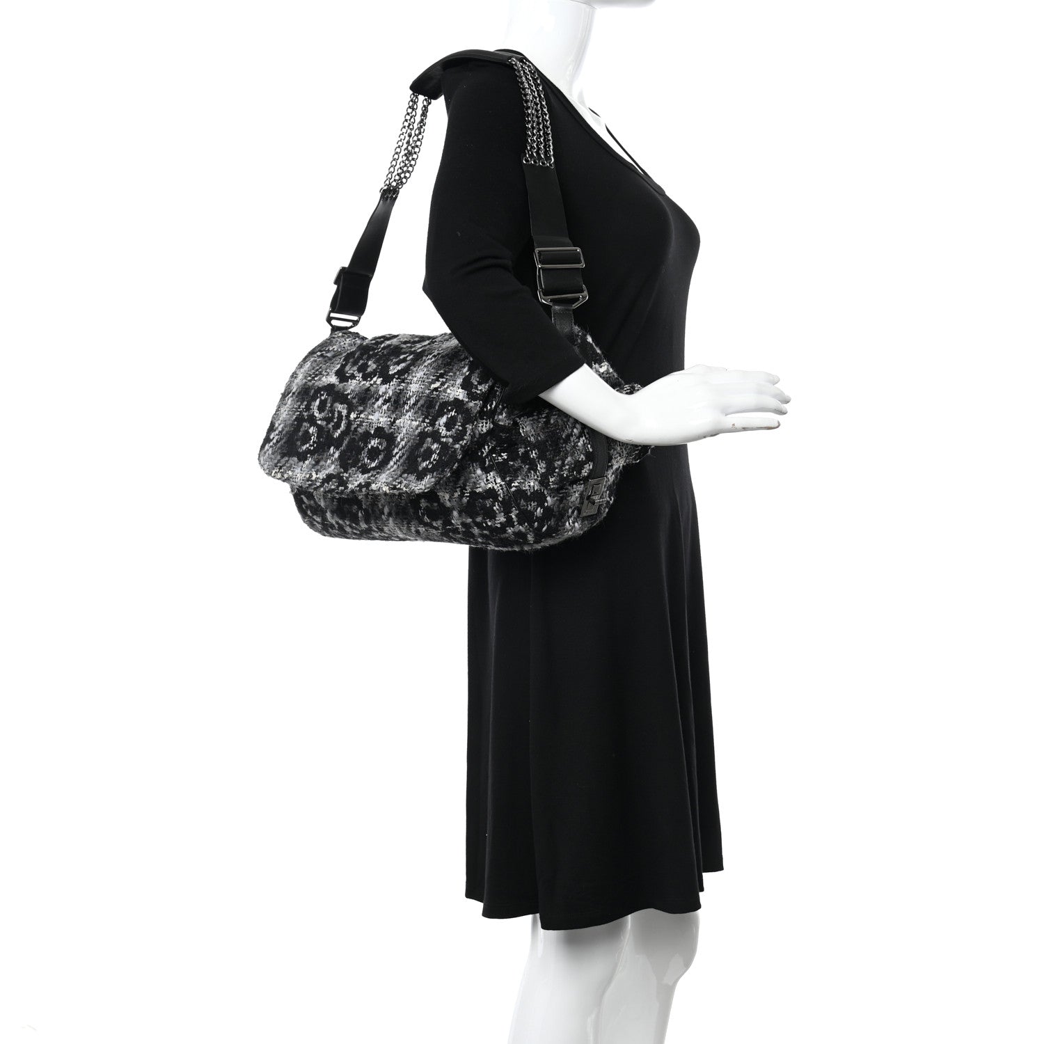 Chanel Tweed Quilted Camellia Shoulder Bag Black 2 of 9