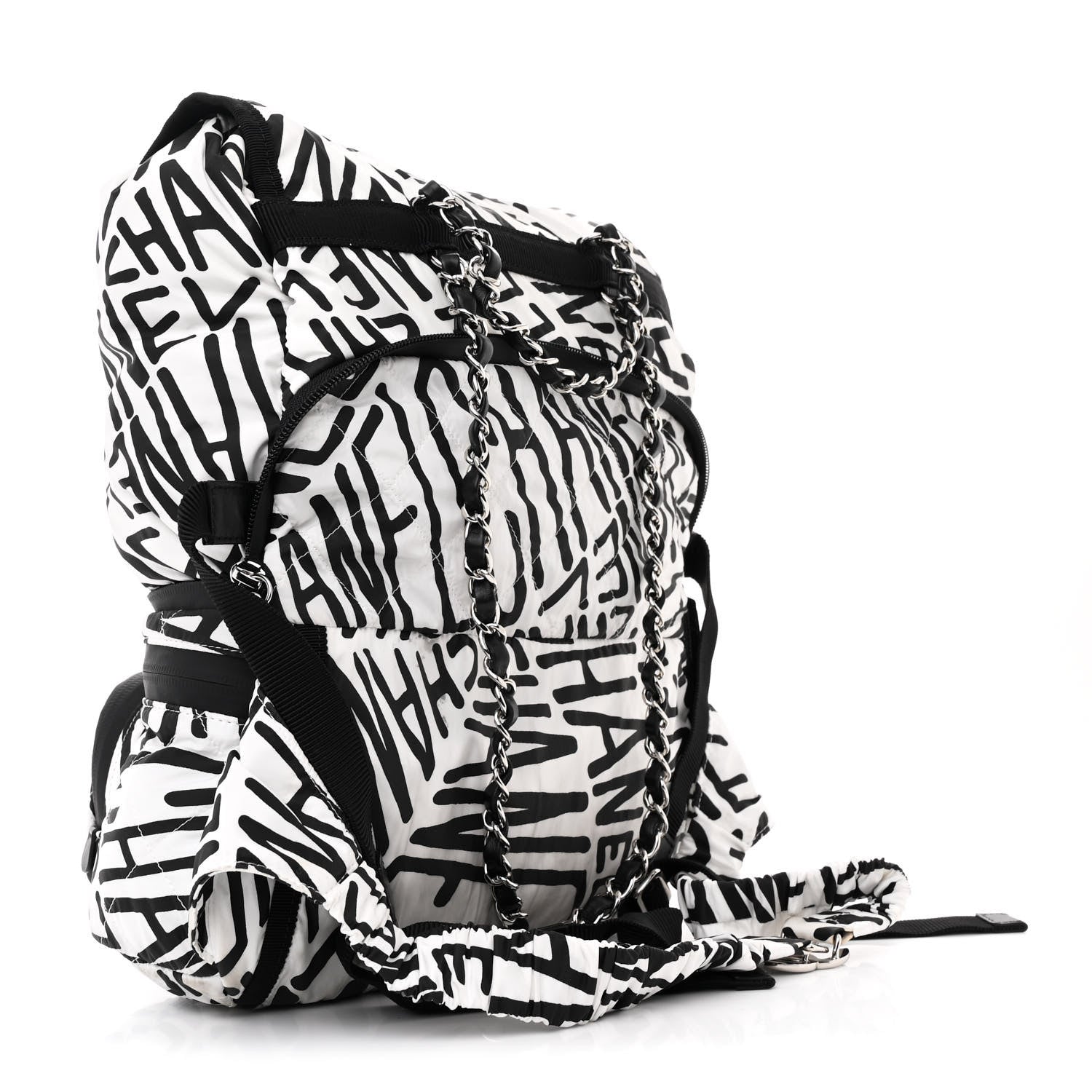 Chanel Nylon Printed Quilted Coco Neige Convertible Backpack Black White 3 of 10