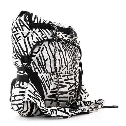 Chanel Nylon Printed Quilted Coco Neige Convertible Backpack Black White 3 of 10