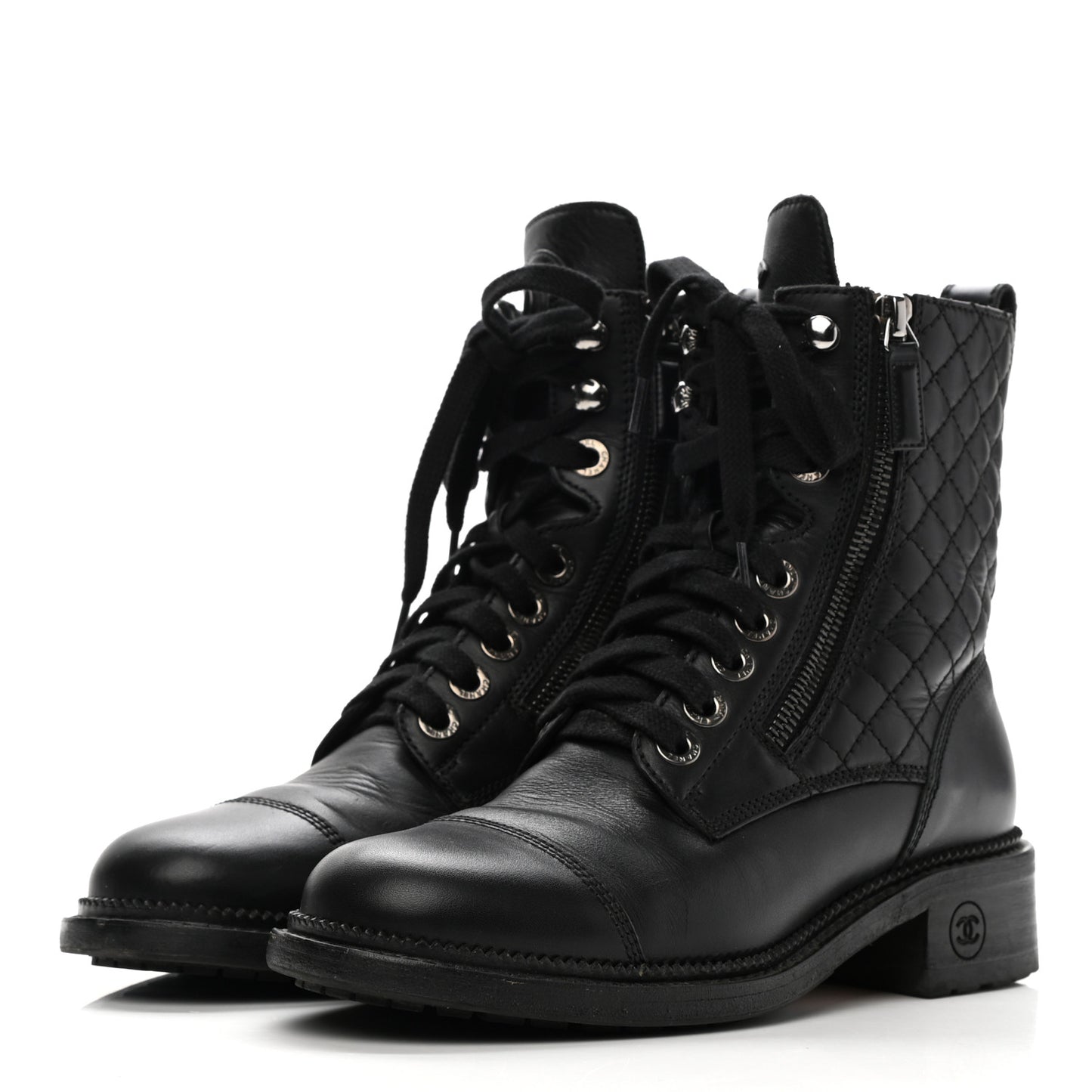 Calfskin Quilted Lace Up Combat Boots 36.5 Black