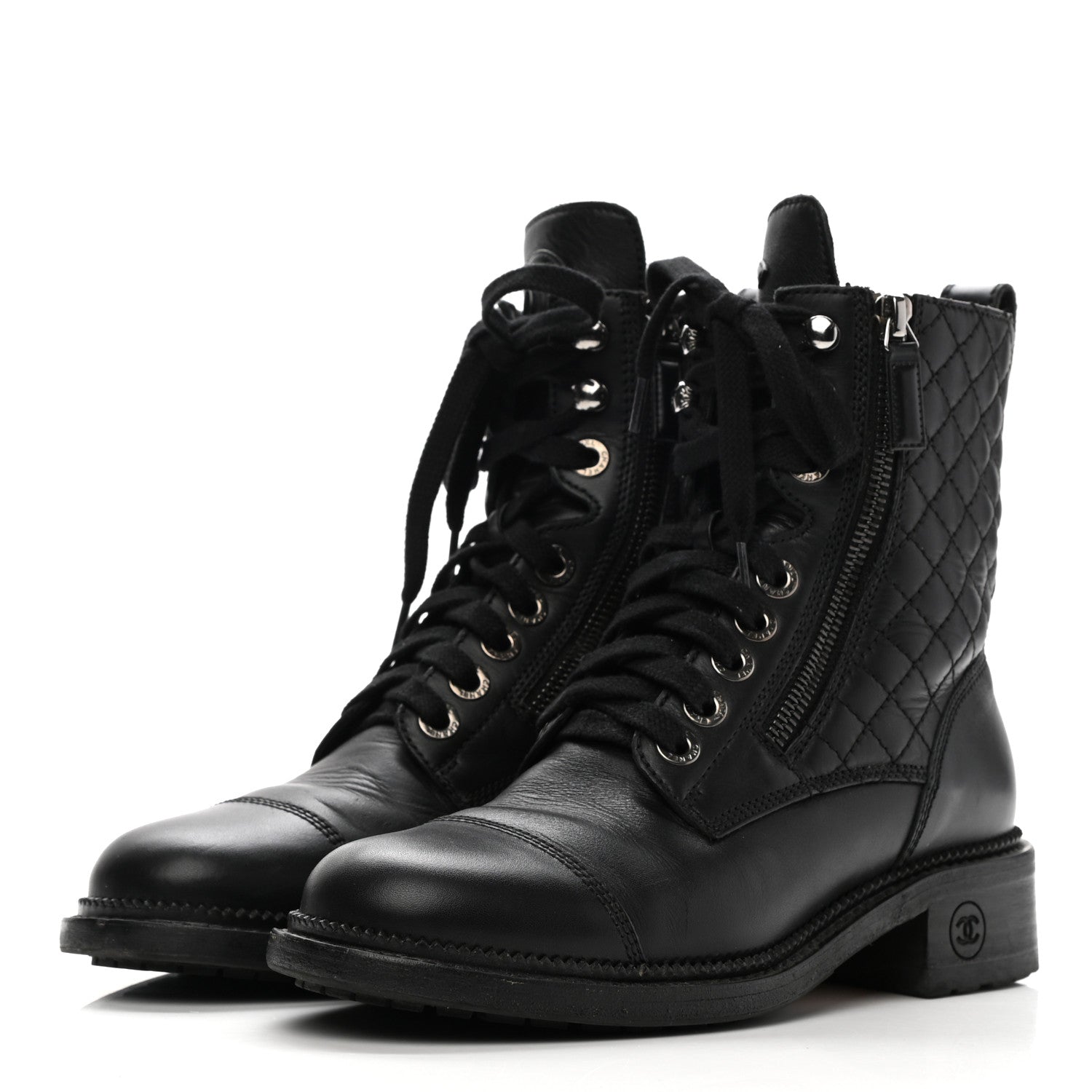 Chanel Calfskin Quilted Lace Up Combat Boots 36.5 Black 3 of 11