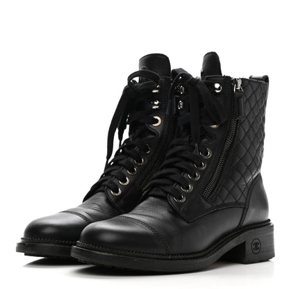 Chanel Calfskin Quilted Lace Up Combat Boots 36.5 Black 3 of 11