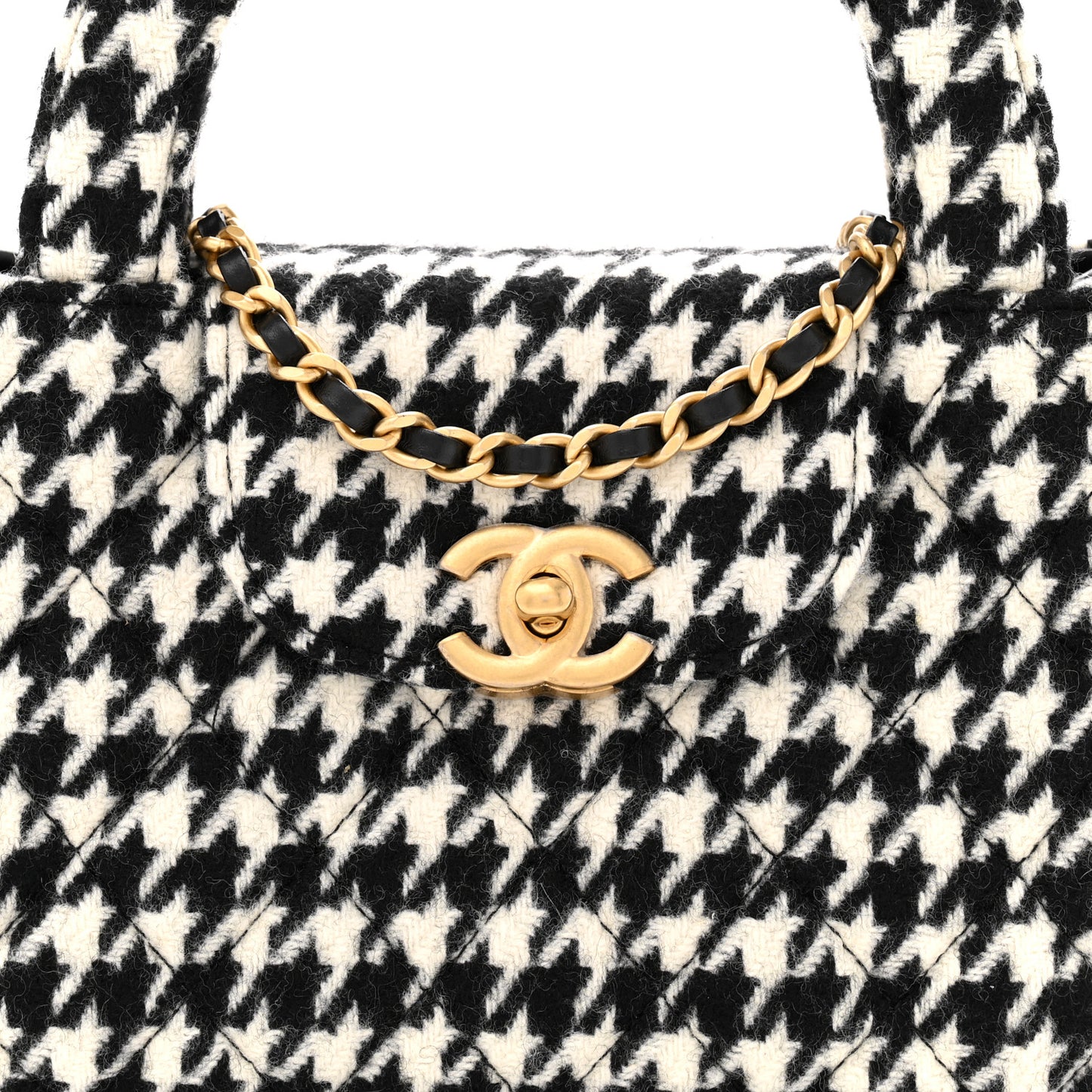 Tweed Houndstooth Quilted Nano Kelly Shopper Black White