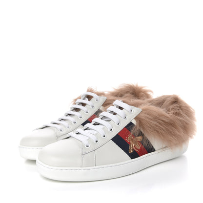 Gucci Calfskin Wool Web Bee Embroidered Mens Ace Sneakers 8 White 3 of 9