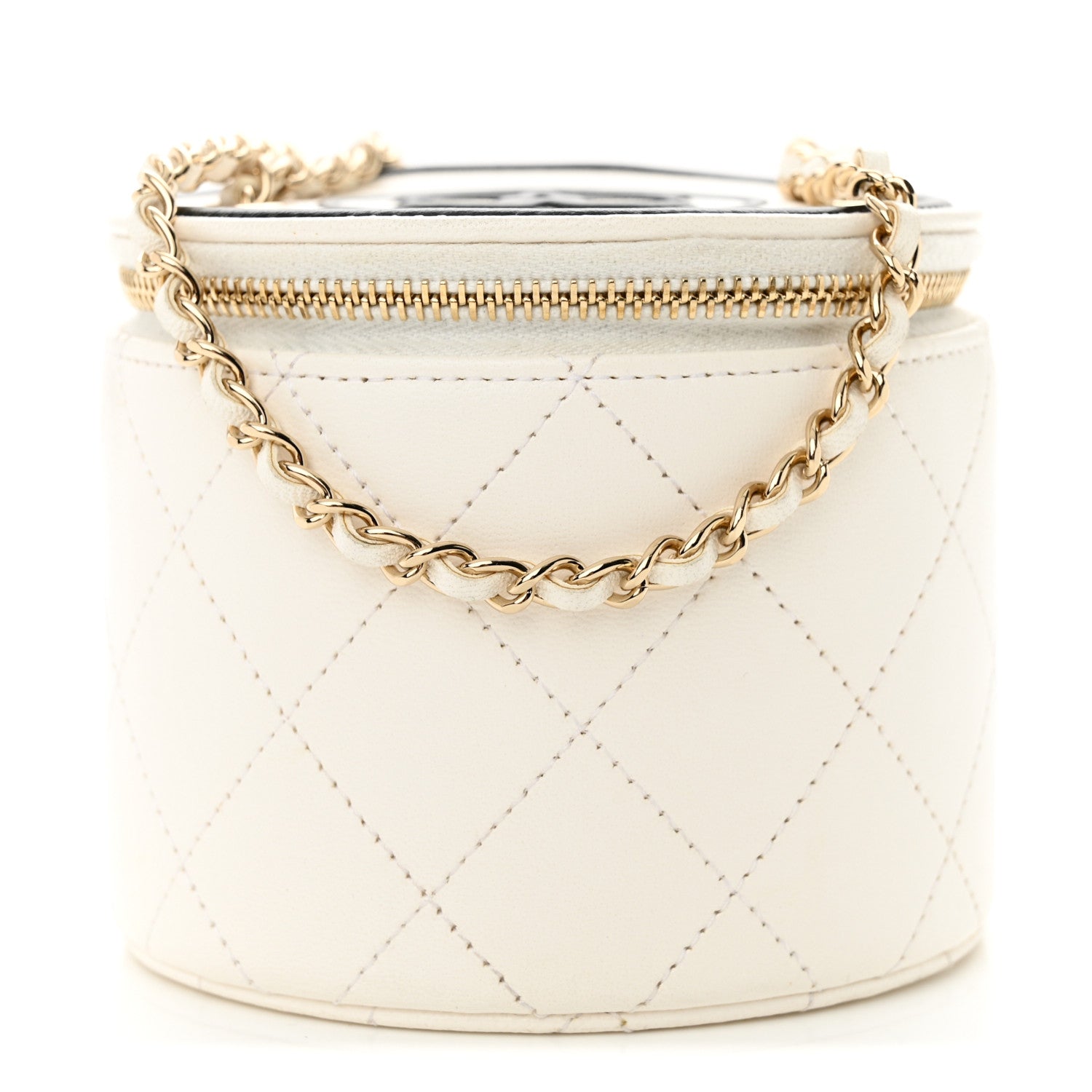 Chanel Lambskin Quilted Round Small Vanity Case With Chain White Black 1 of 11