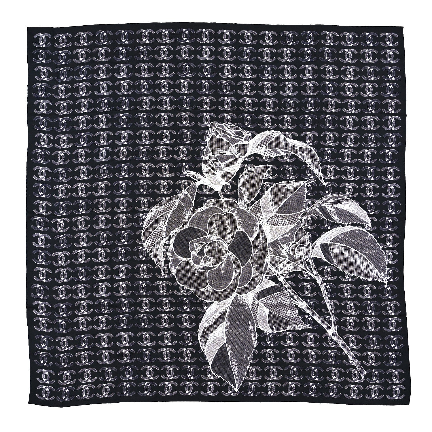 Chanel Cashmere Cotton Silk Logo Square Fringe Black White 1 of 3