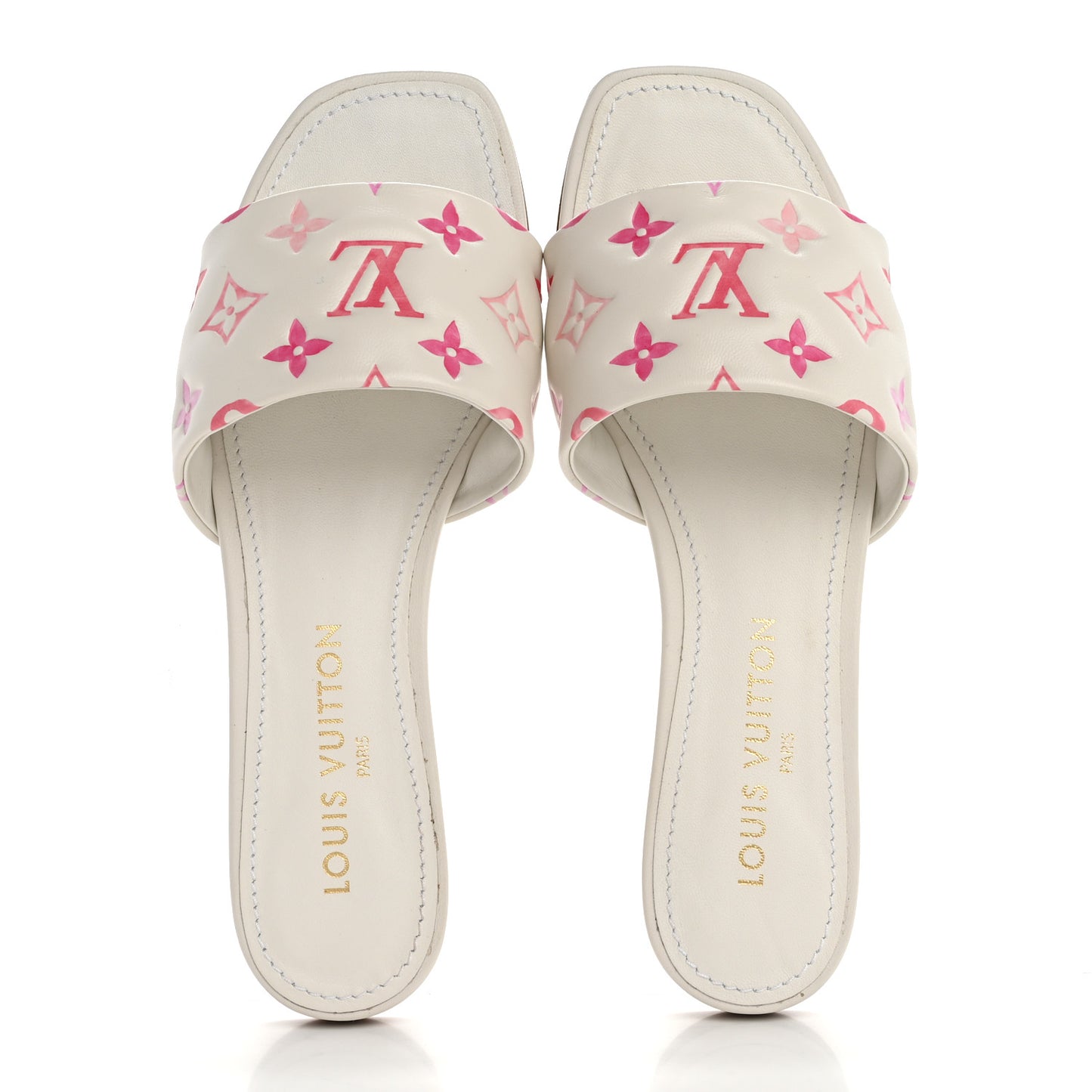 Lambskin Embossed Monogram By The Pool Revival Flat Mules 39.5 White Pink