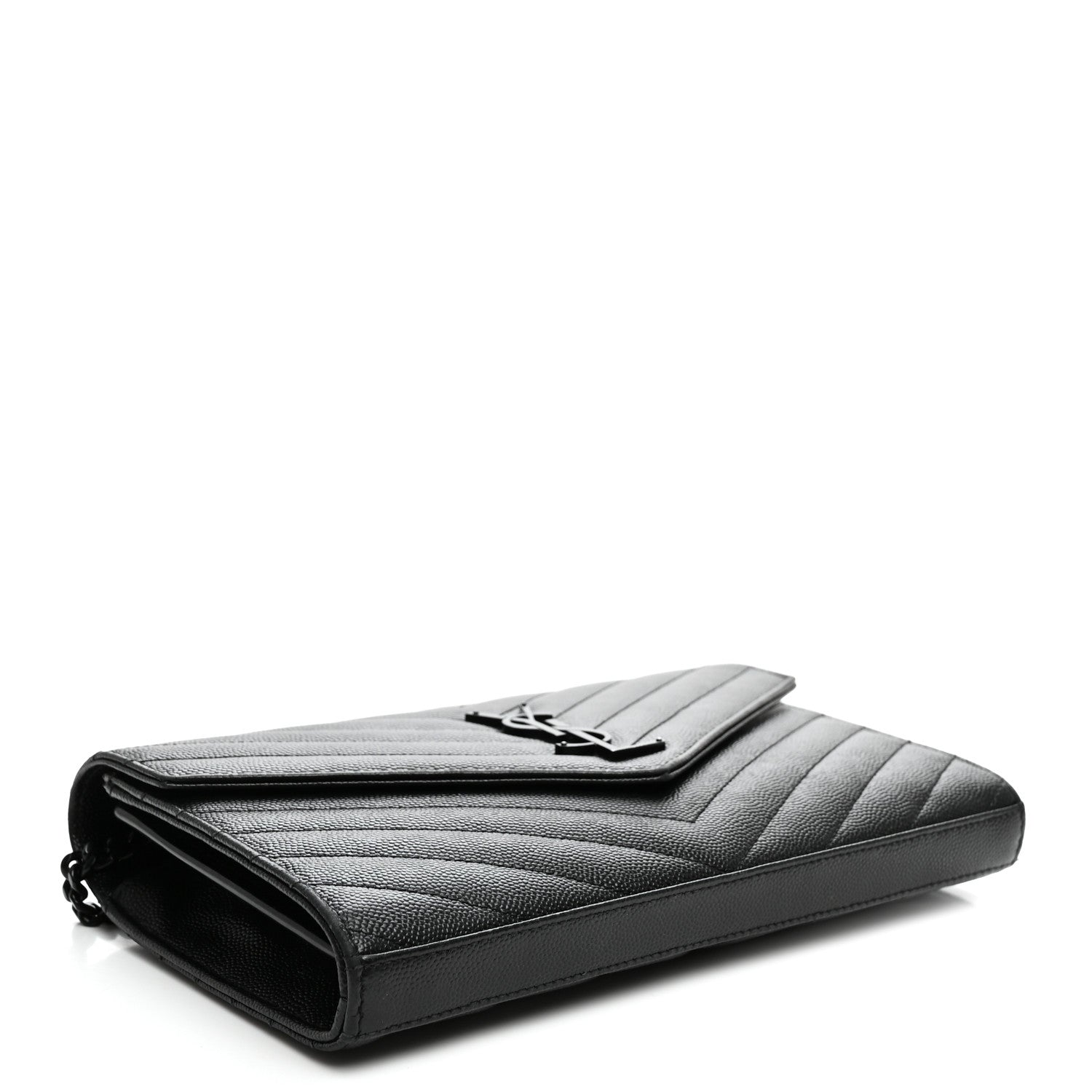 Saint Laurent Grain De Poudre Matelasse Chevron Monogram Monochrome Chain Wallet Black 4 of 10
