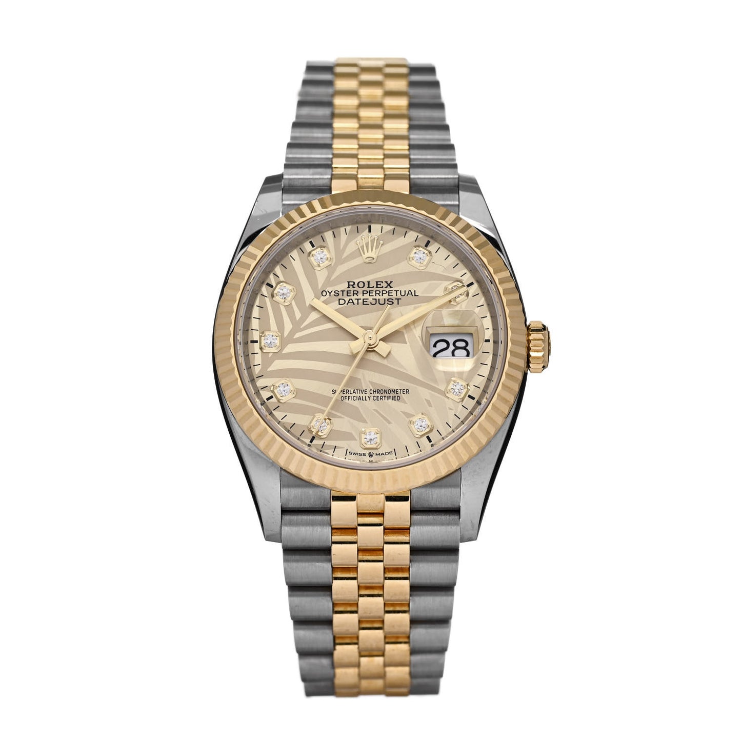 Stainless Steel 18K Yellow Gold Diamond 36mm Oyster Perpetual Datejust Watch Golden Palm 126233
