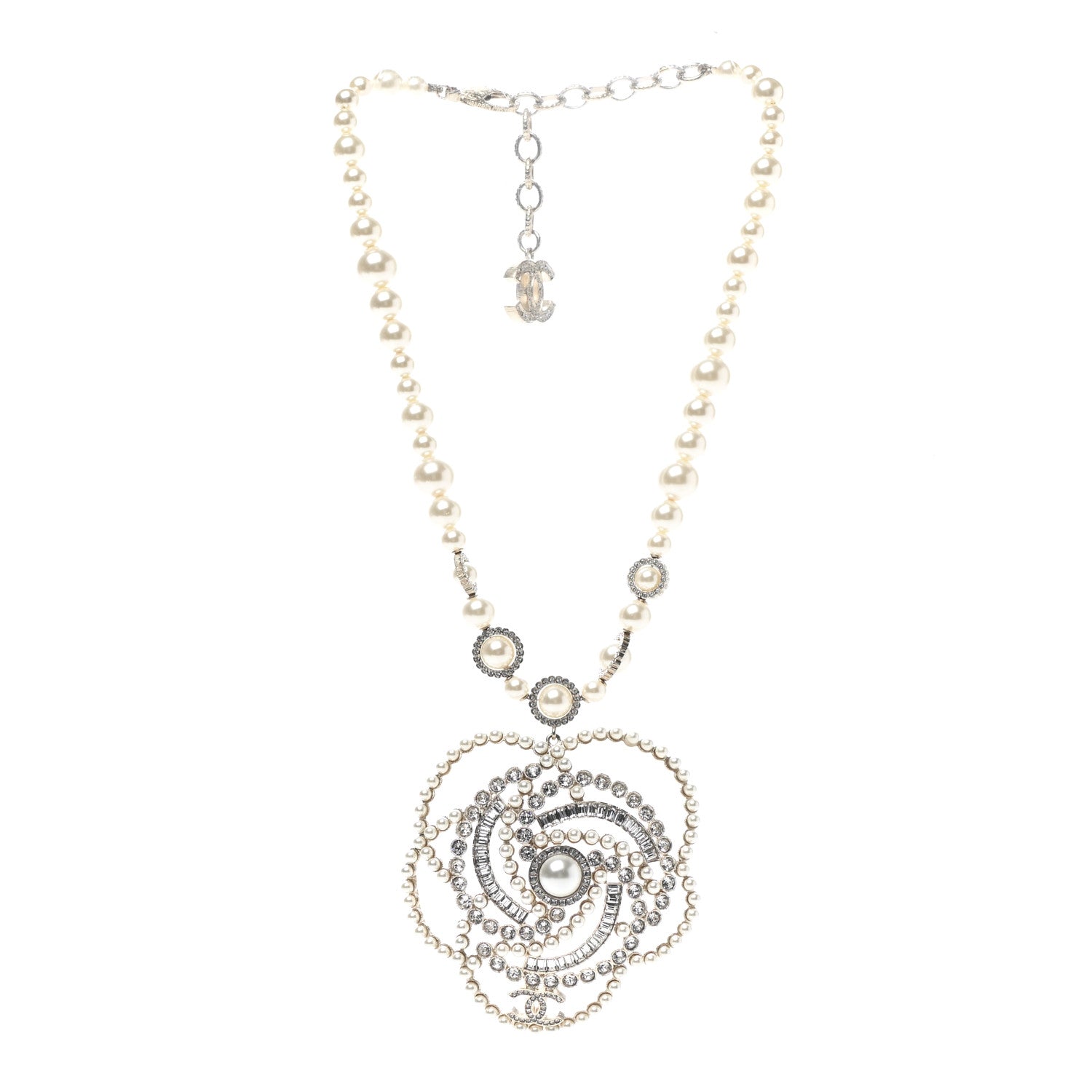 Chanel Pearl Crystal Lace Camellia Necklace Gold 3 of 6