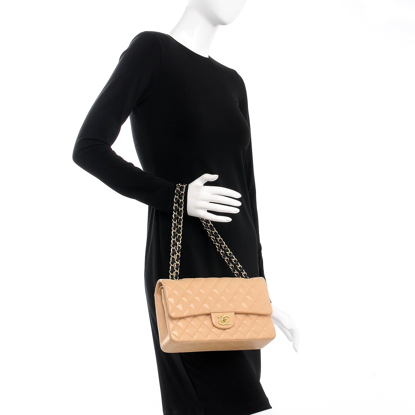 Lambskin Quilted Medium Double Flap Beige Black