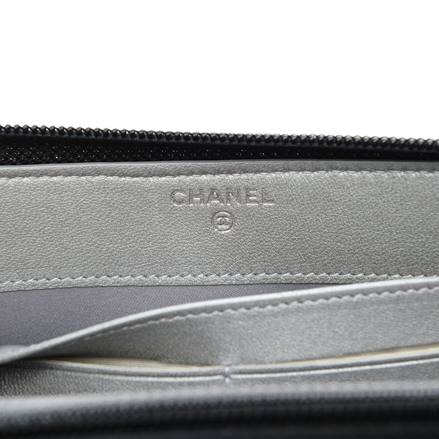 Lambskin Camellia Embossed Large Zip Around Gusset Wallet Black