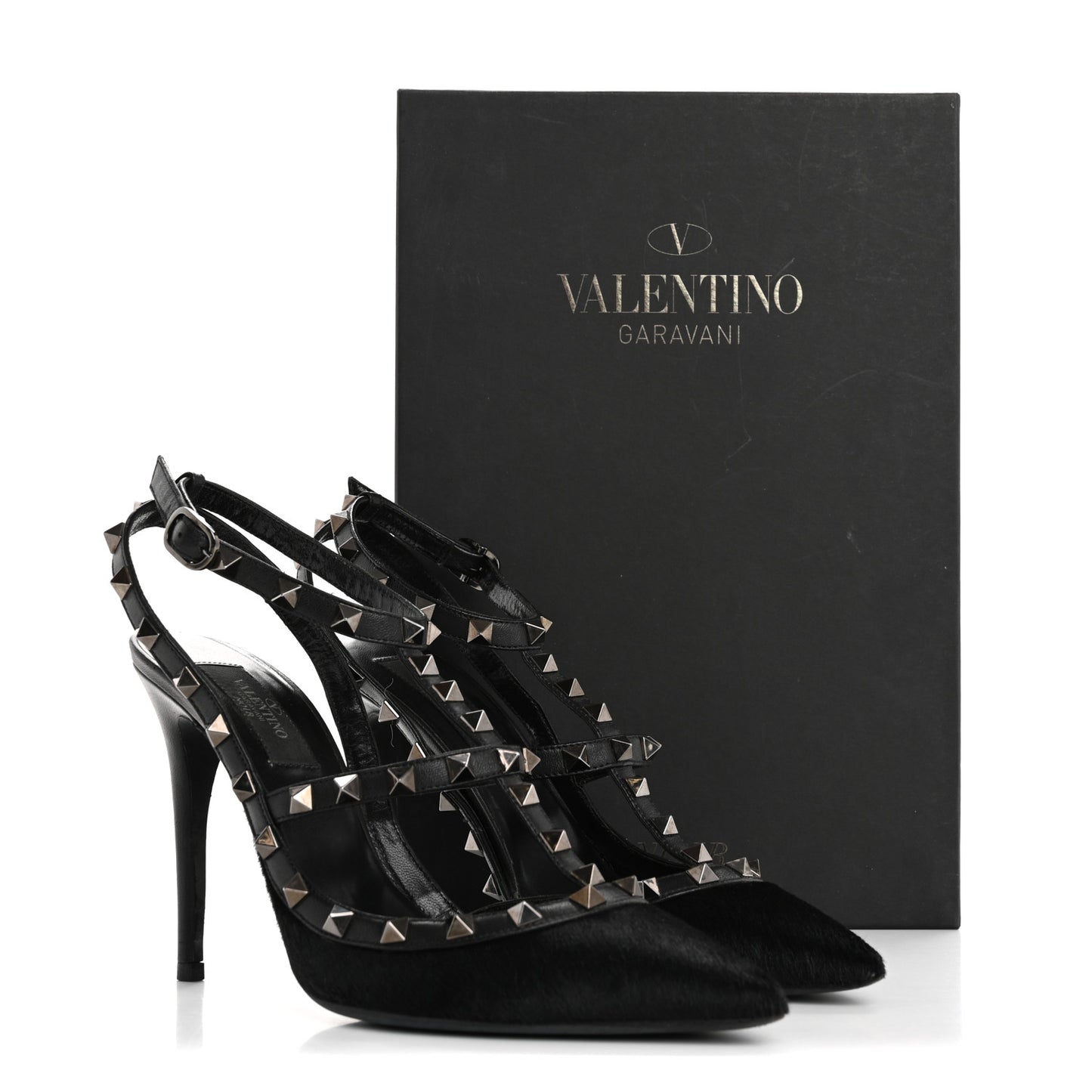 Calf Hair Rockstud Ankle Strap Pumps 38.5 Black