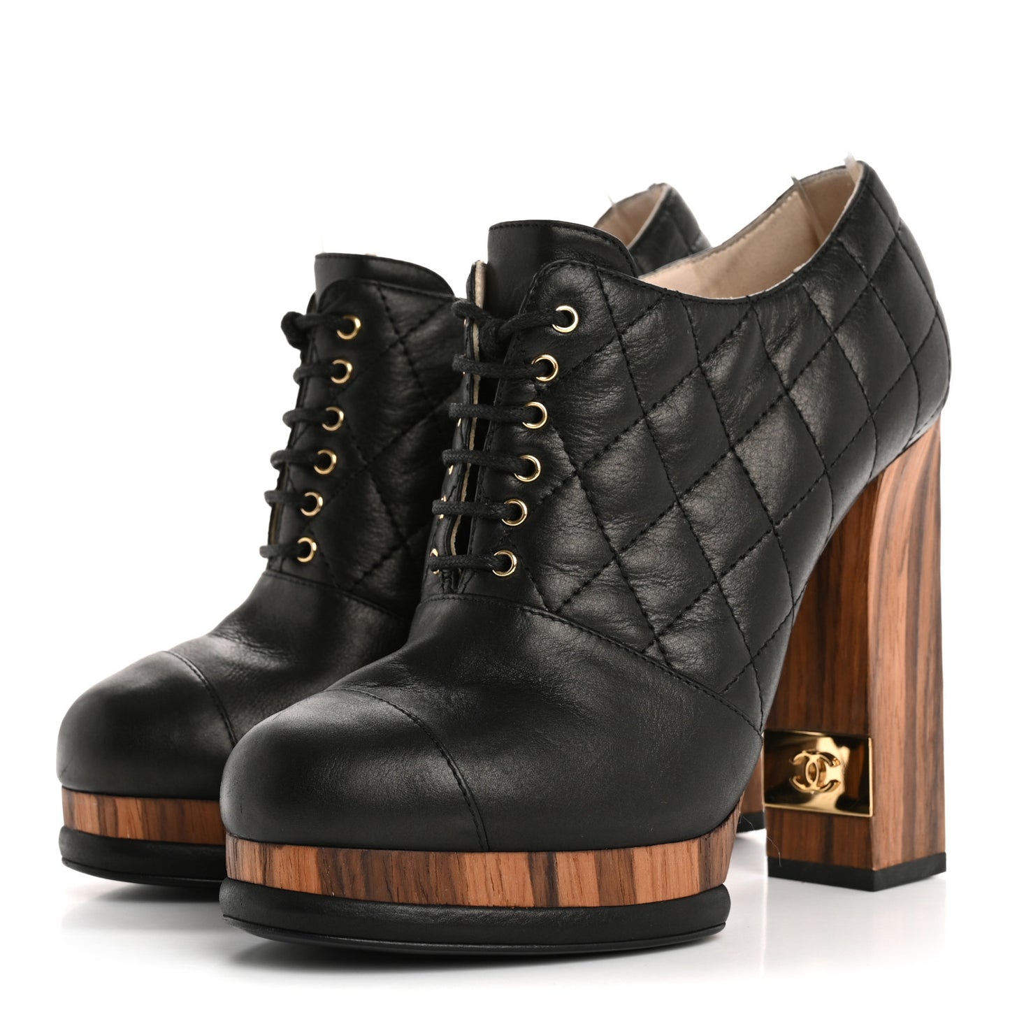 Lambskin Quilted Cap Toe Lace Up Booties 36 Black