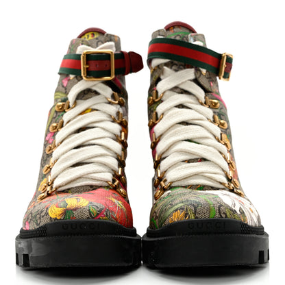 Gucci GG Supreme Monogram Flora Lace Up Combat Ankle Boots 38 Beige Multicolor Red 2 of 15