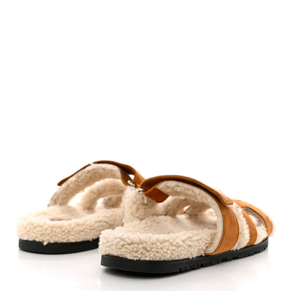 Hermes Suede Goatskin Woolskin Womens Chypre Sandals 39 Brun Fume Ecru 4 of 9