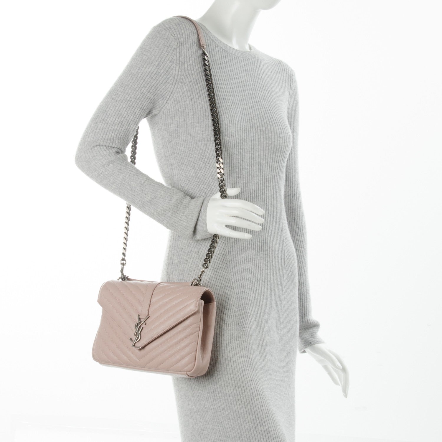 Saint Laurent Sheepskin Matelasse Chevron Monogram Medium College Bag Rose Antic 2 of 6